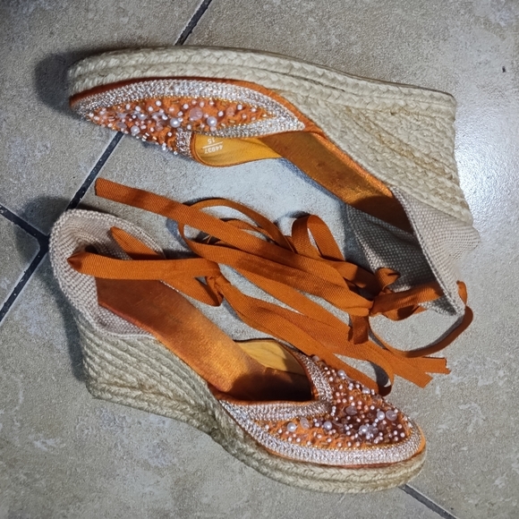 Montego Bay Club Leg Strap Beaded & Embroidered Pearl Wedges Espadrilles Size 8 - Picture 2 of 8